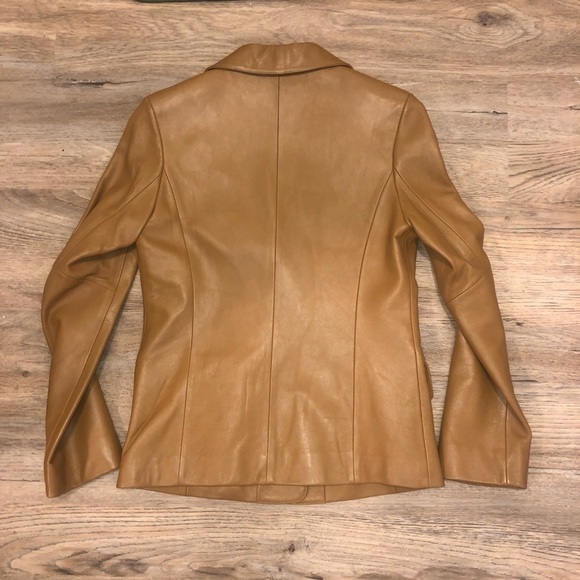 Frederic Castet Paris Tan Leather Blazer Tiger Print Lining Button Down 55 Small - Picture 2 of 7